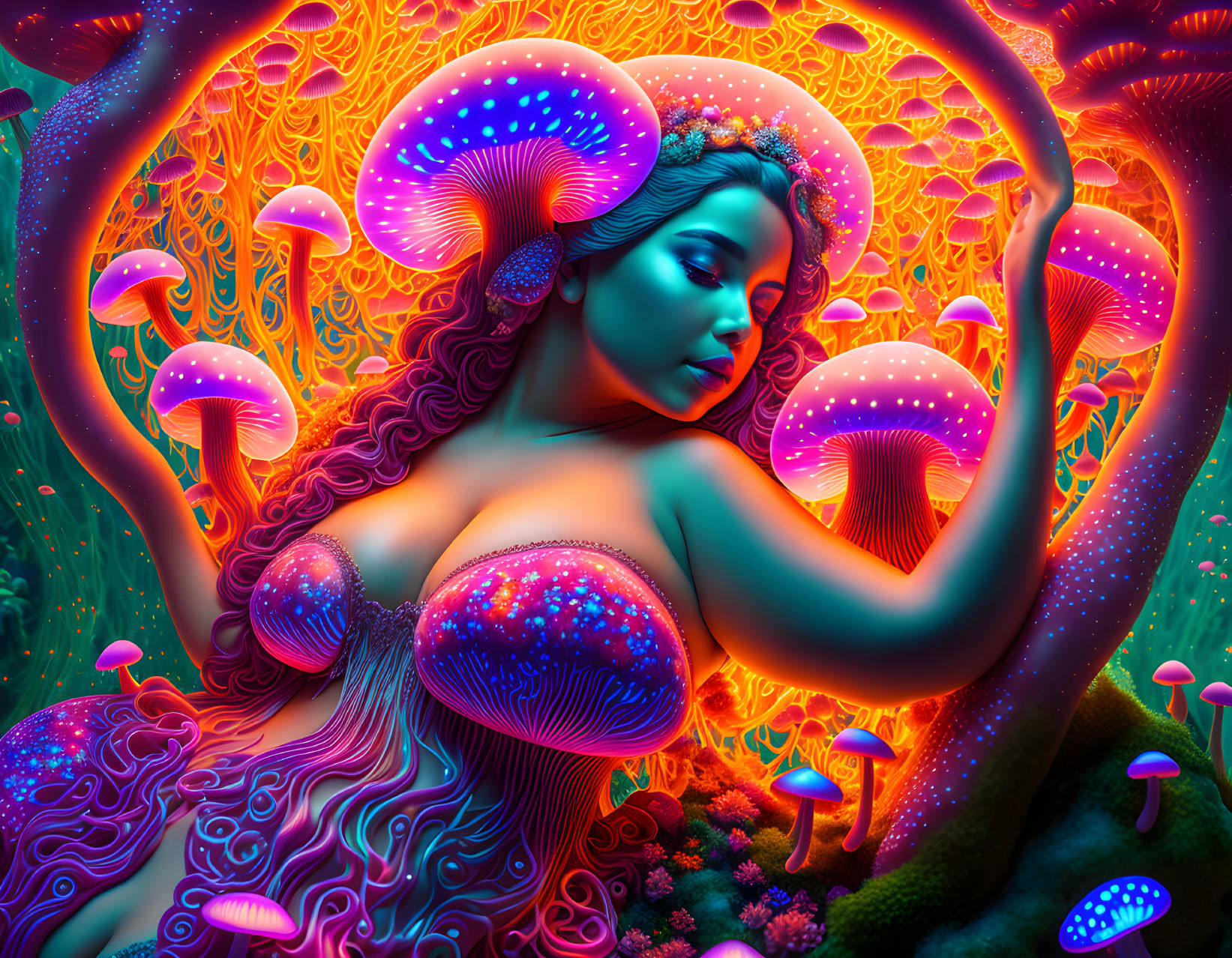 Digital artwork of woman with luminescent mushrooms and psychedelic patterns