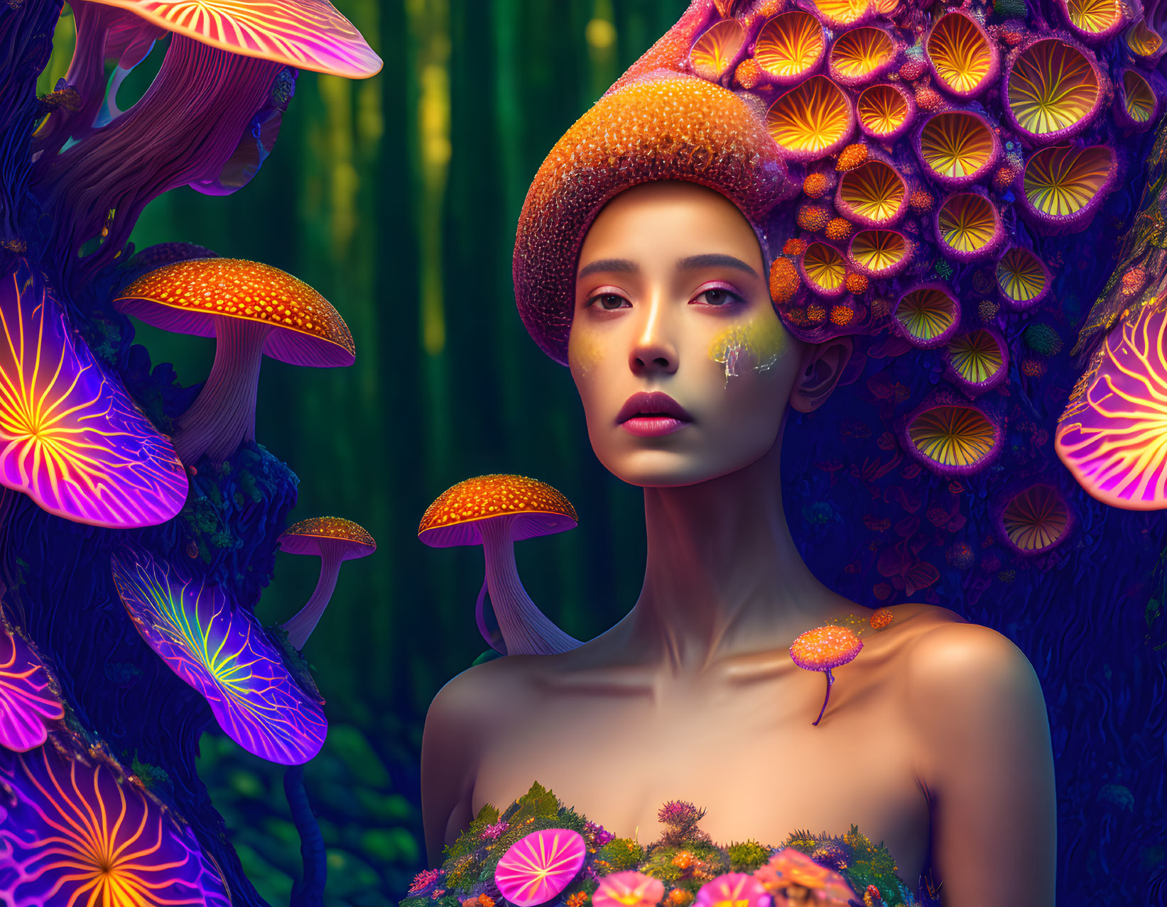 Woman in mushroom-themed attire surrounded by vibrant forest mushrooms