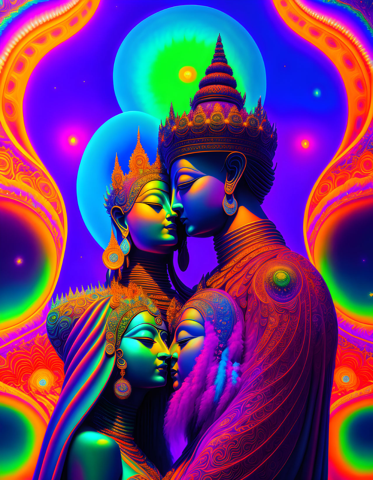 Colorful digital artwork of two figures in traditional attire against psychedelic backdrop