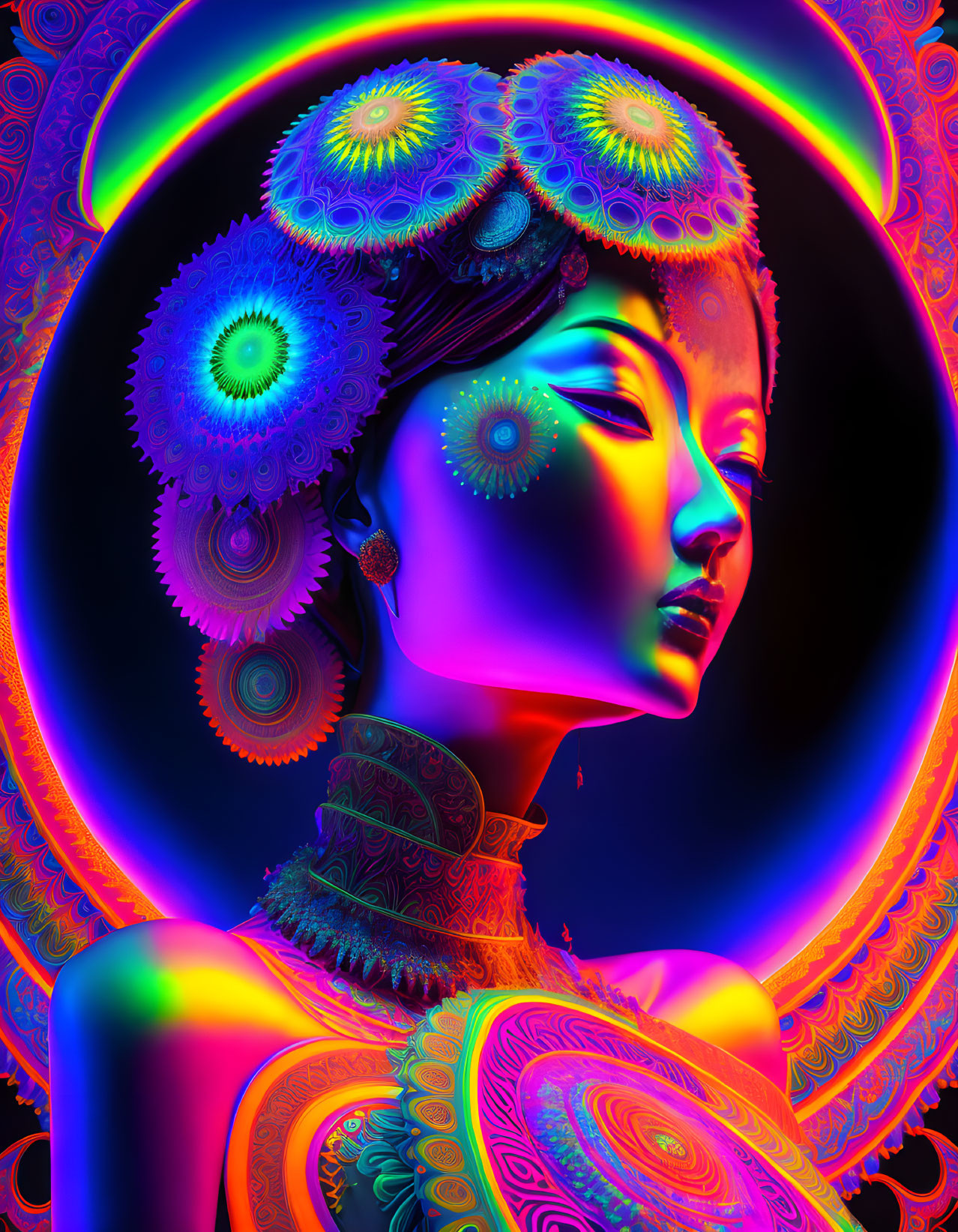 Neon-colored female figure with glowing halo in digital art