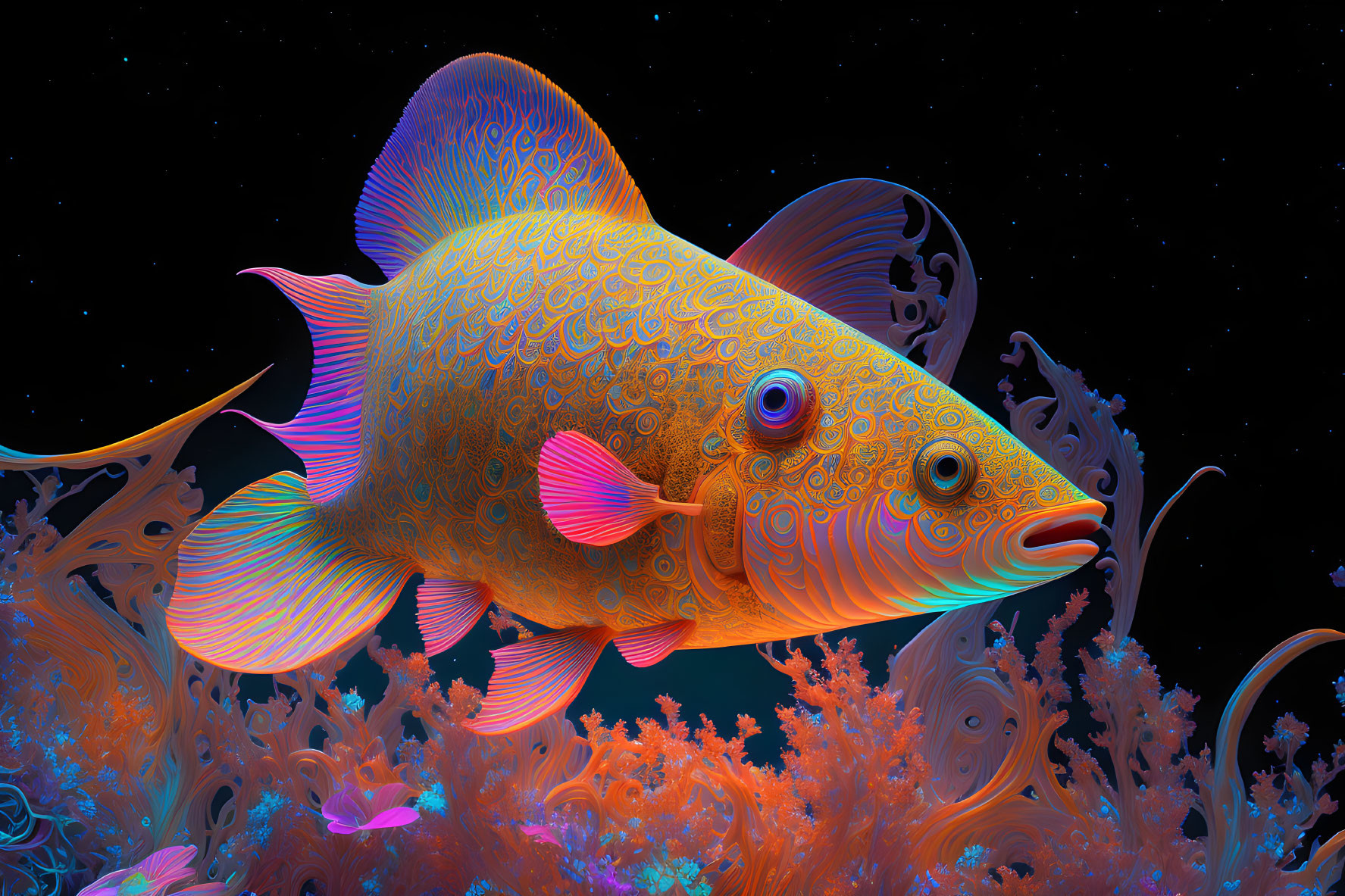 Colorful ornate fish artwork in starry underwater scene