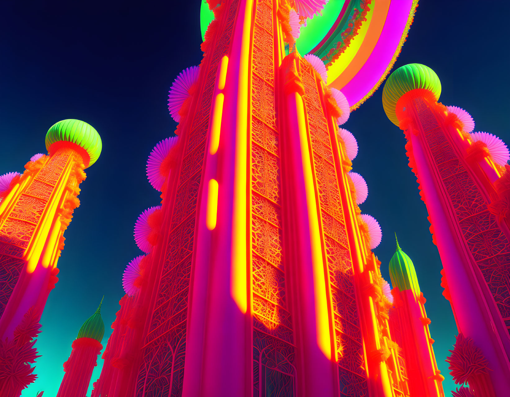 Neon-lit psychedelic Middle Eastern palace with minarets