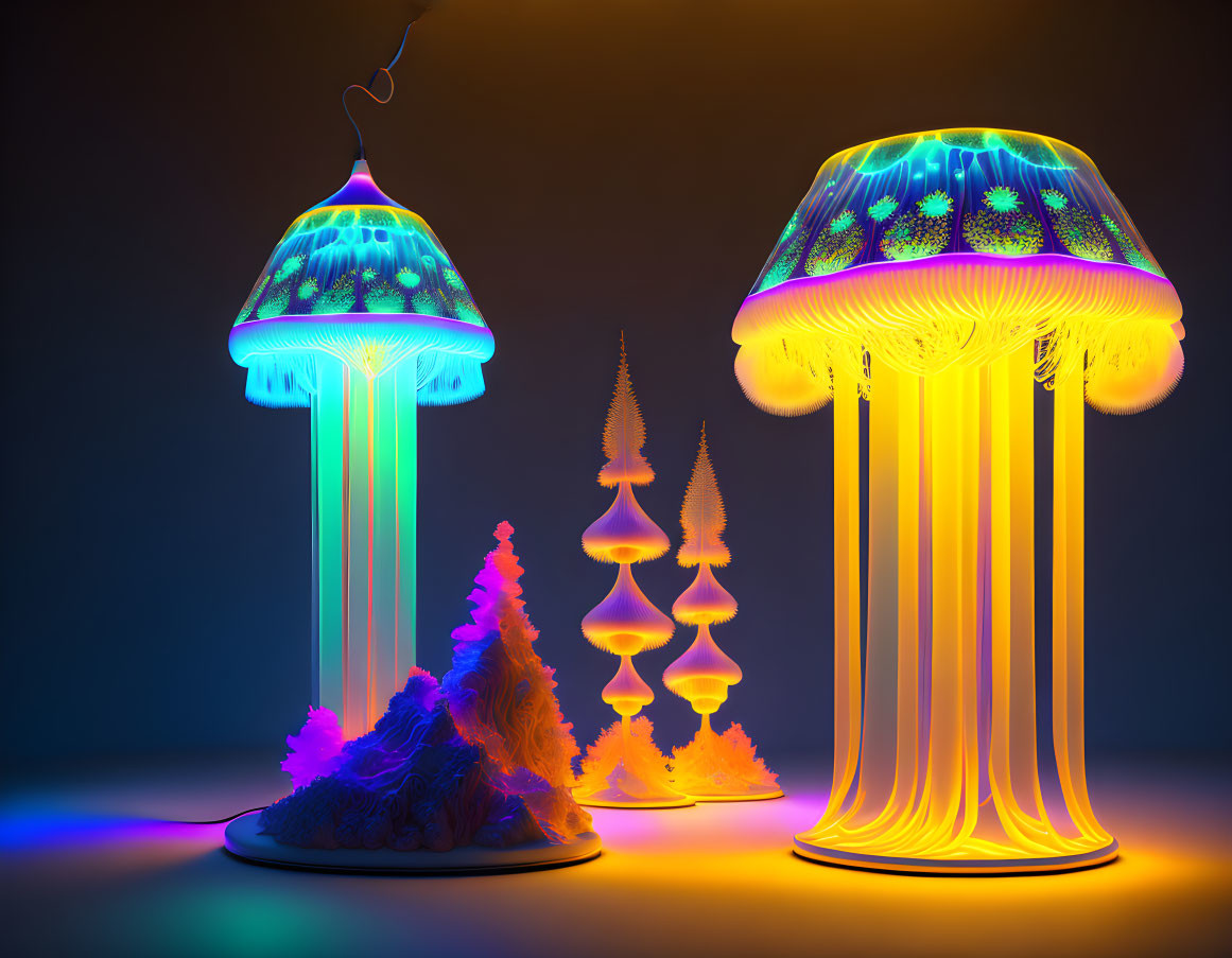 Intricate glowing jellyfish-like lamps in dark room