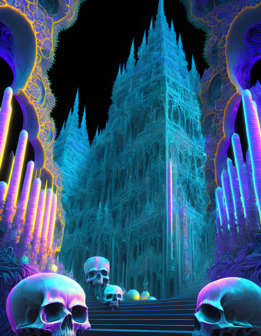 Intricate Gothic cathedral with neon-lit fantasy scene