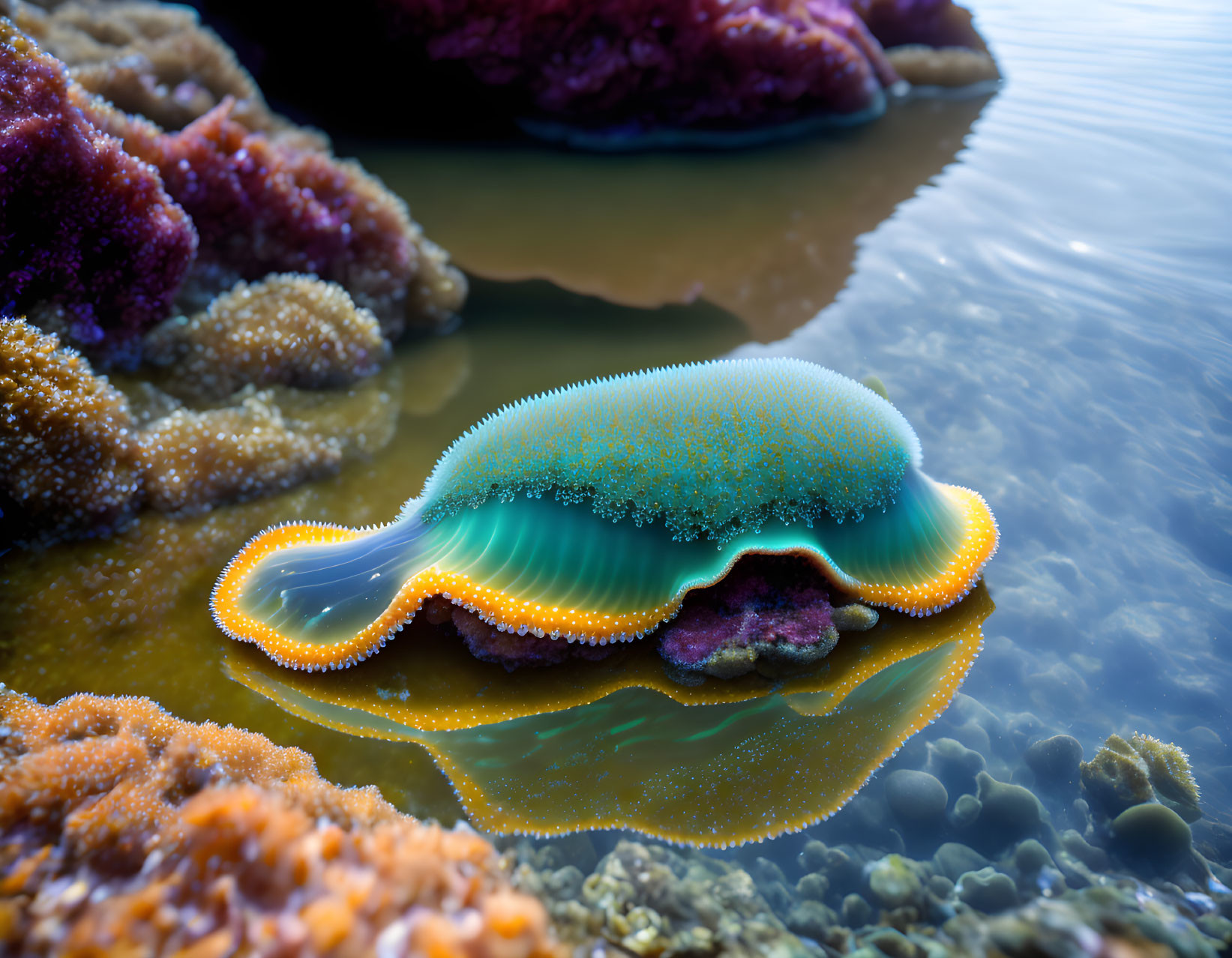 Colorful Bivalve Mollusk and Coral in Clear Water