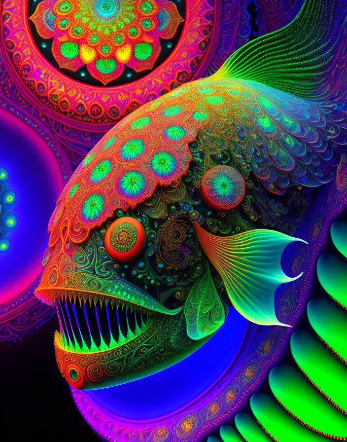 Colorful Digital Fish with Neon Patterns on Psychedelic Background