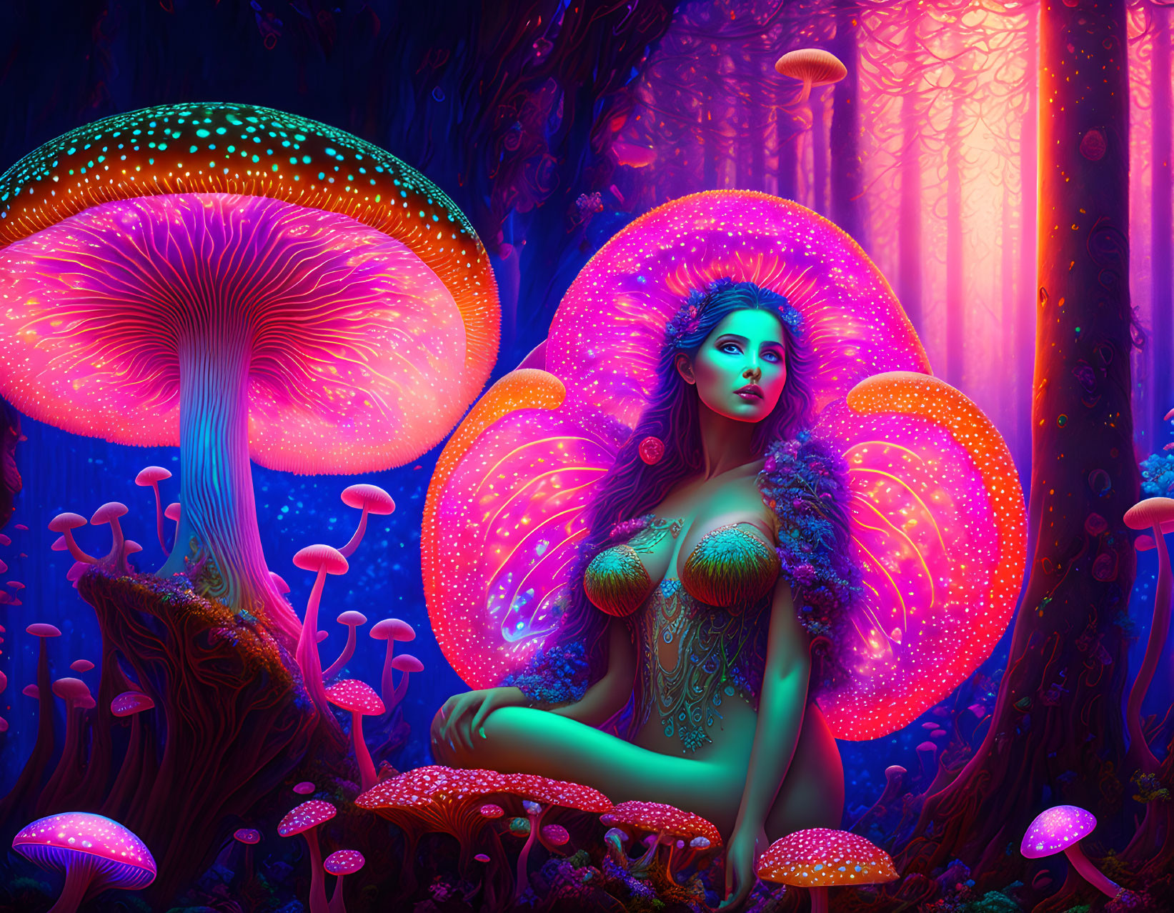 Colorful digital artwork of a woman in a magical forest with glowing mushrooms.