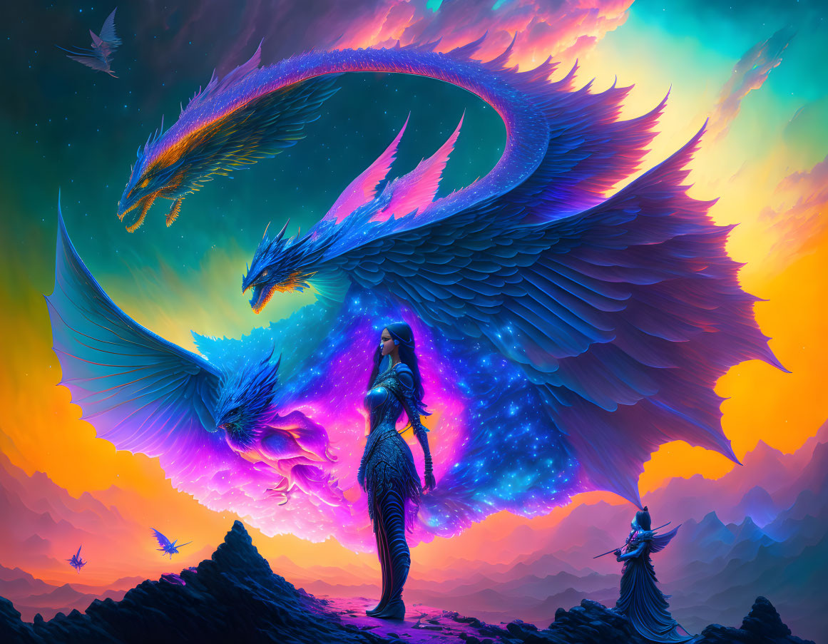 Majestic cosmic dragons soar under vibrant twilight sky