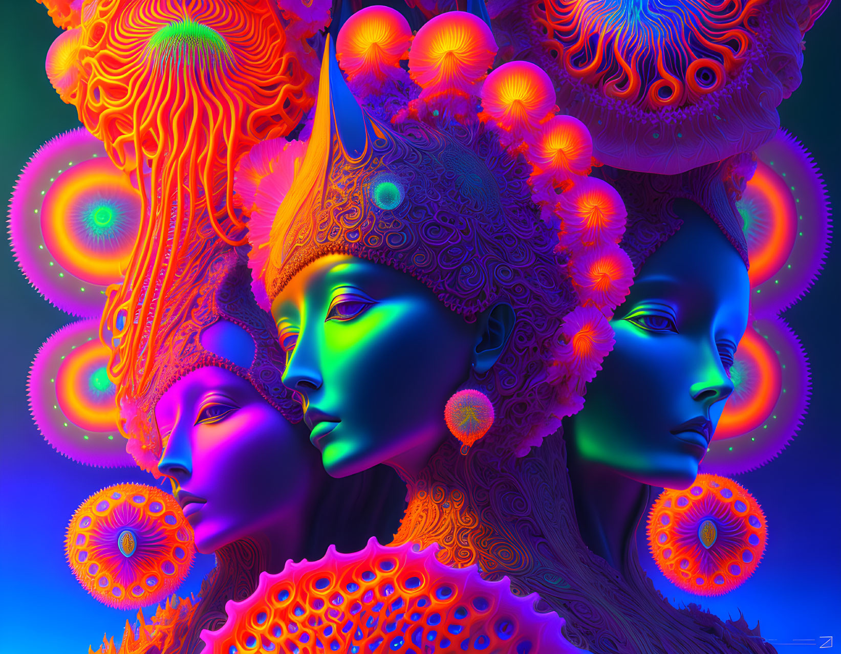 Colorful Digital Artwork: Three Profile Faces with Intricate Headdresses