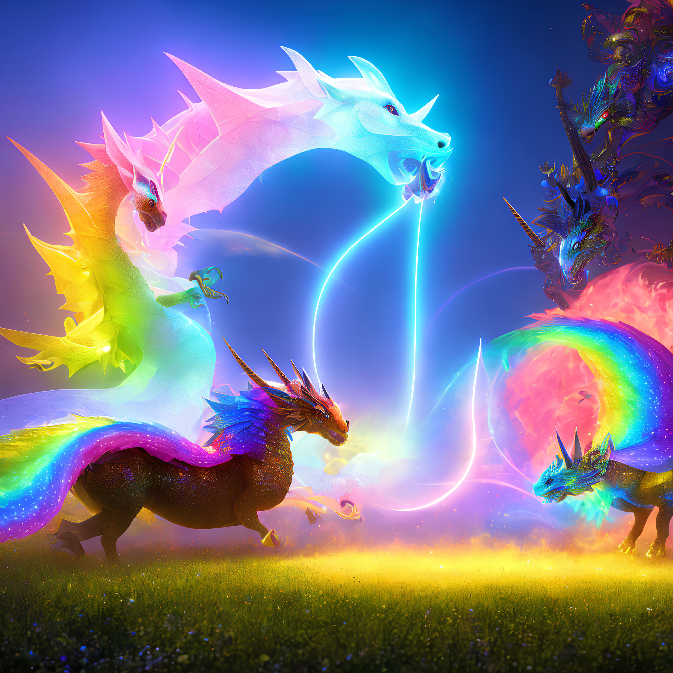 Vibrant rainbow created by colorful dragons in mystical landscape