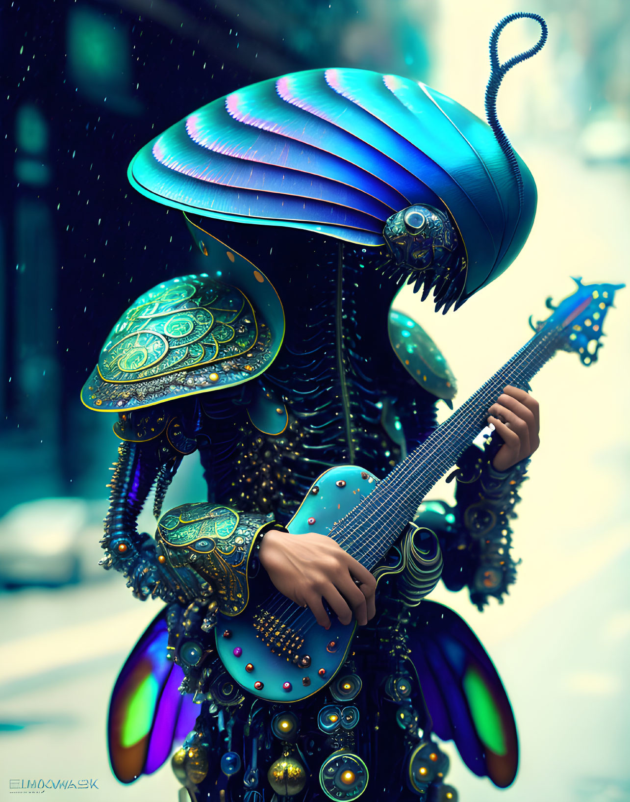 Futuristic robot in gold and blue armor playing guitar in city street