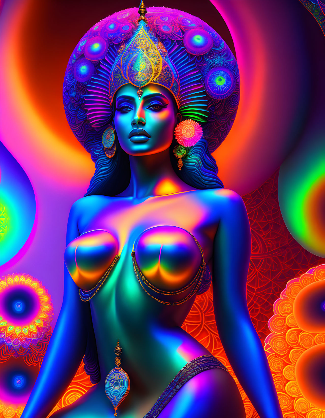 Colorful digital artwork: Blue-skinned woman with golden jewelry and peacock feather headdress on psychedelic