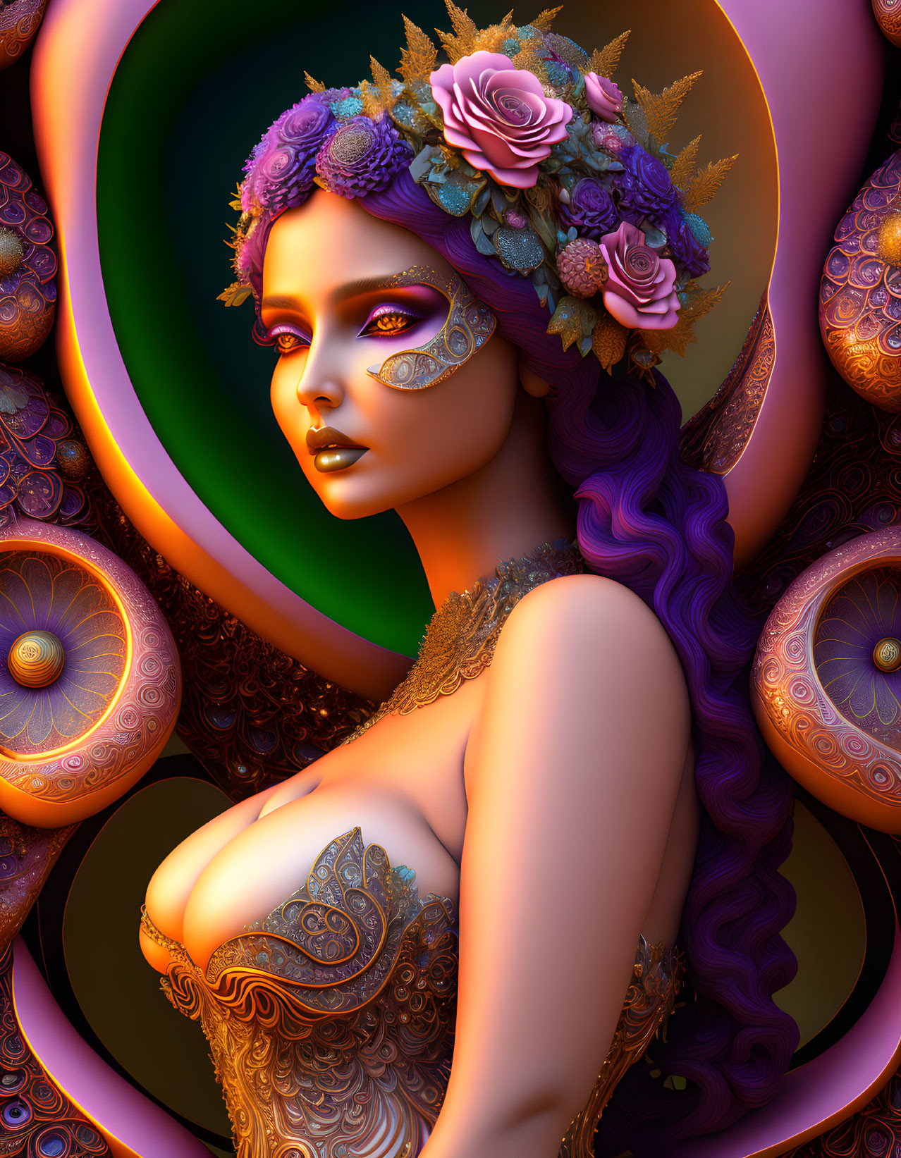 Vibrant purple-haired woman with floral headpiece in psychedelic digital art