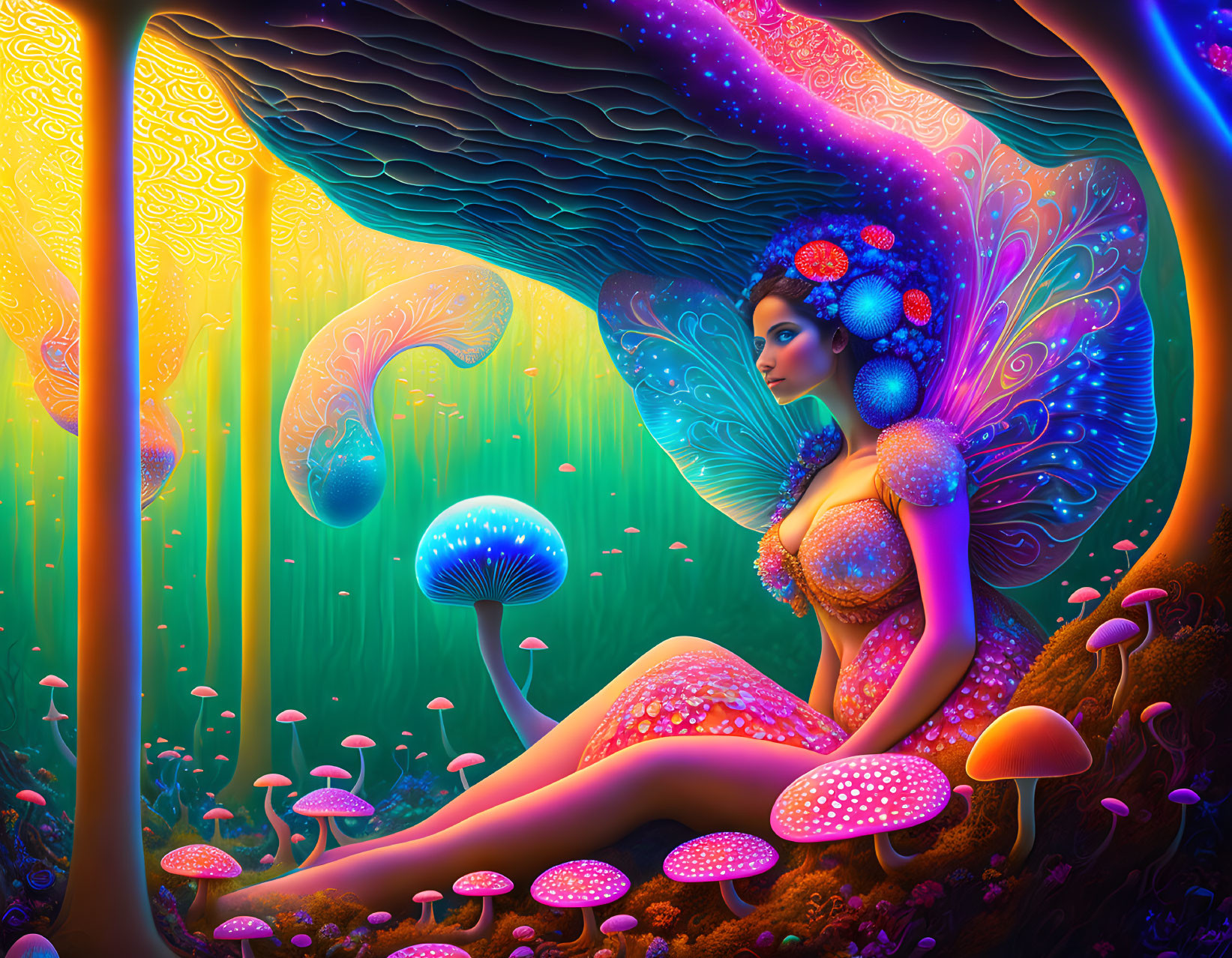 Colorful Fairy with Butterfly Wings in Psychedelic Mushroom Forest