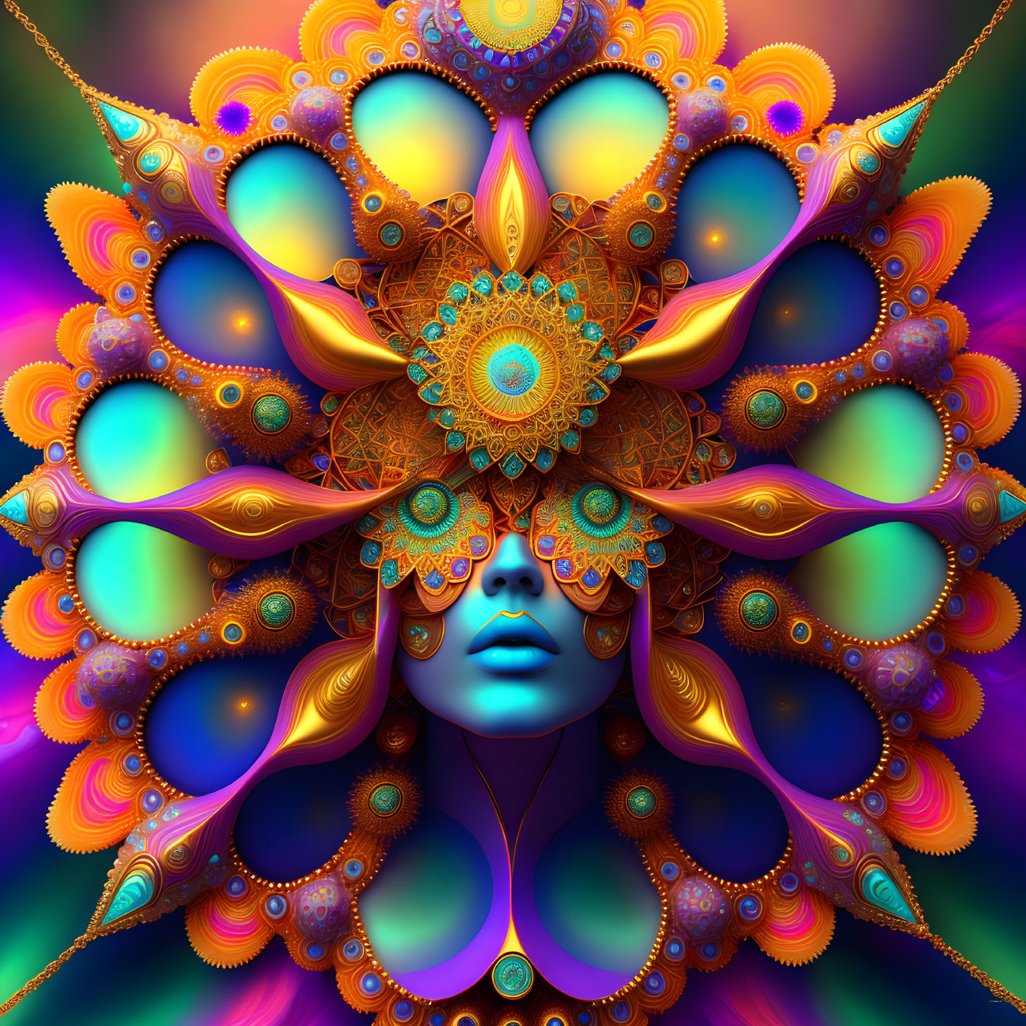 Symmetrical mandala pattern with serene female face on colorful background