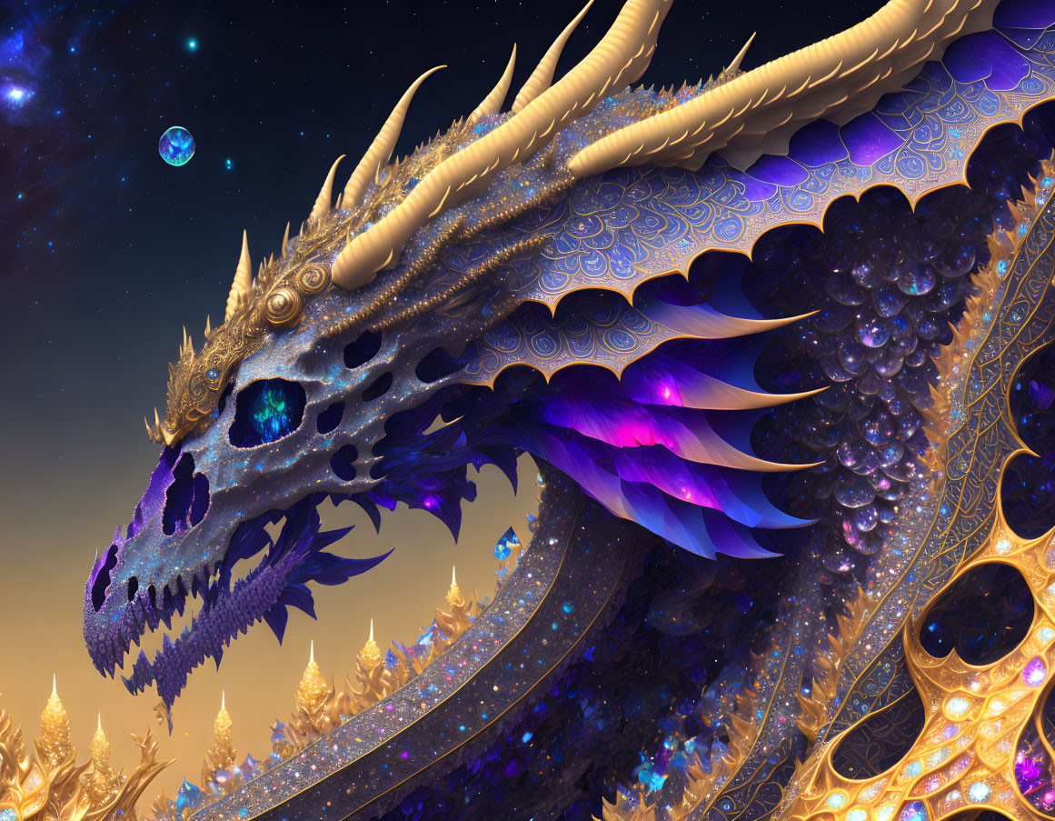 Golden dragon with purple mane and blue eyes in cosmic setting