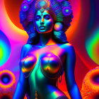 Colorful digital artwork: Blue-skinned woman with golden jewelry and peacock feather headdress on psychedelic