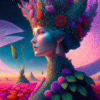 Vibrant surreal illustration: Woman with floral headdress and bird in fantastical landscape