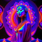 Colorful digital artwork: Blue-skinned woman with gold jewelry in psychedelic mandala scene