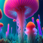 Neon jellyfish and coral in surreal underwater scene