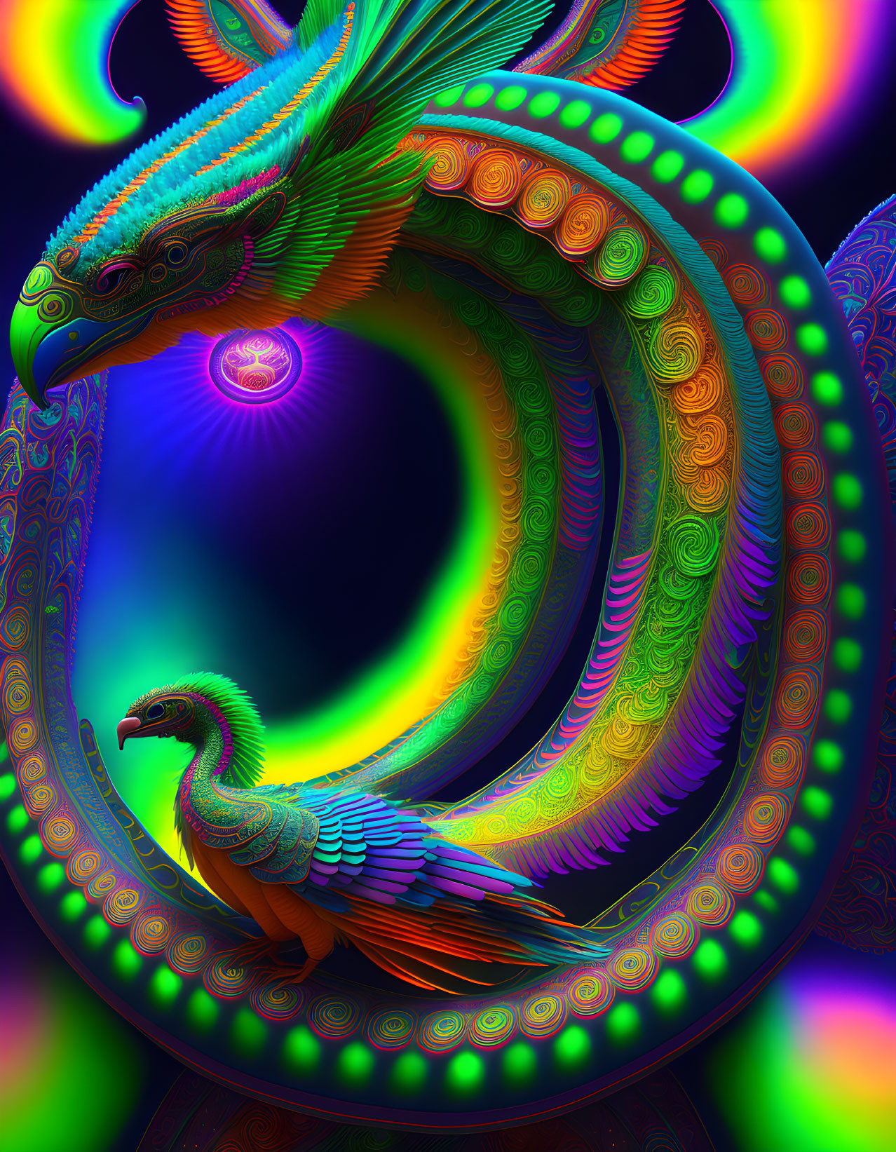 Colorful Fractal Art: Psychedelic Bird with Elaborate Plumage