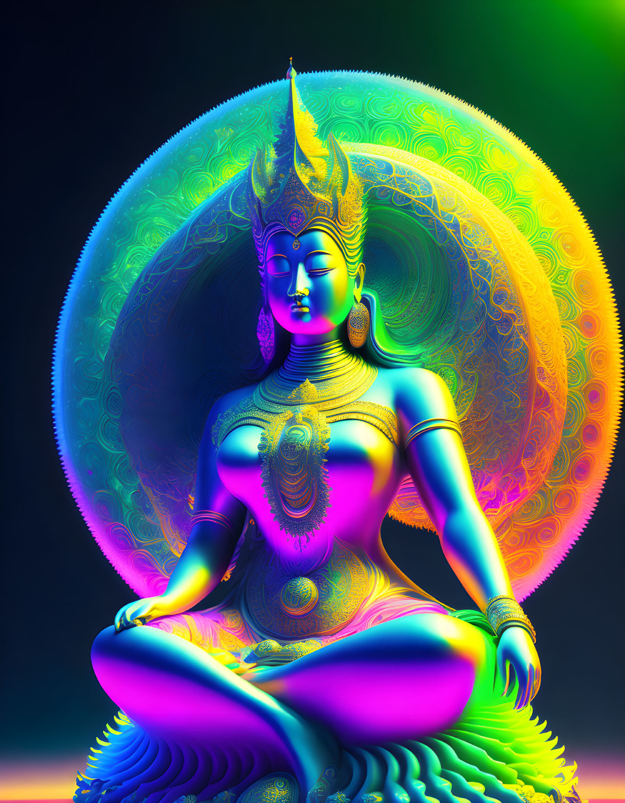 Vibrant digital artwork: Meditating figure with aura patterns, blending Buddhist deity with psychedelic art