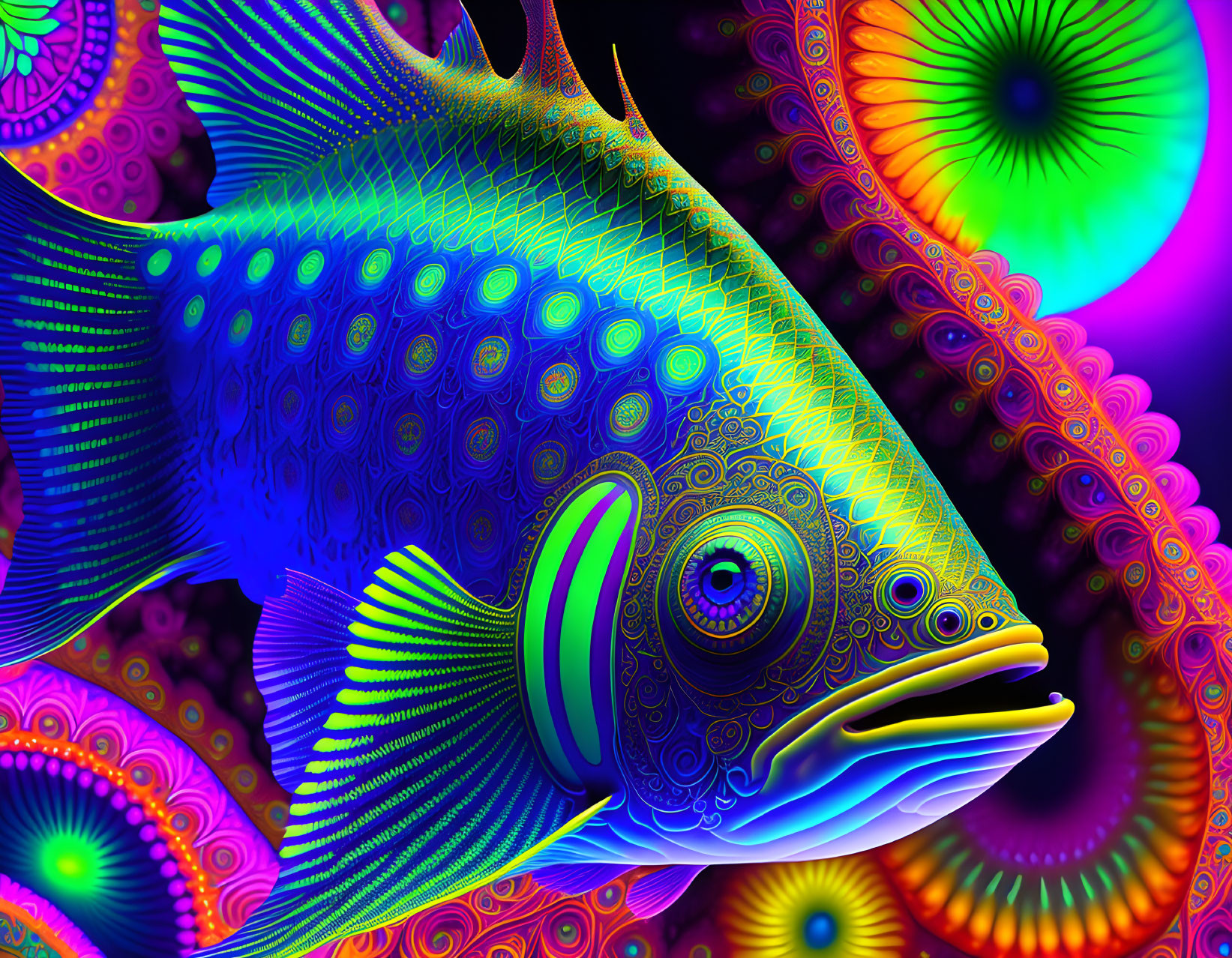 Colorful Digital Artwork Featuring Patterned Fish on Psychedelic Background