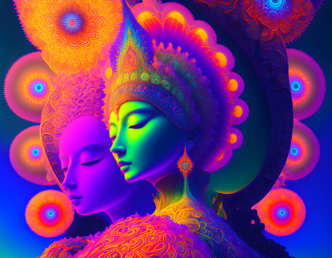 Colorful digital artwork: two serene faces with ornate headpieces and intricate mandala patterns.