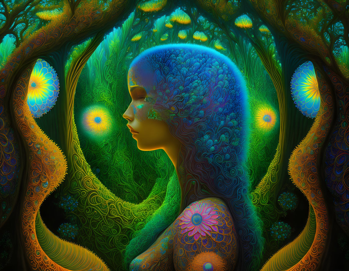 Colorful digital artwork: Woman's profile in surreal, psychedelic landscape