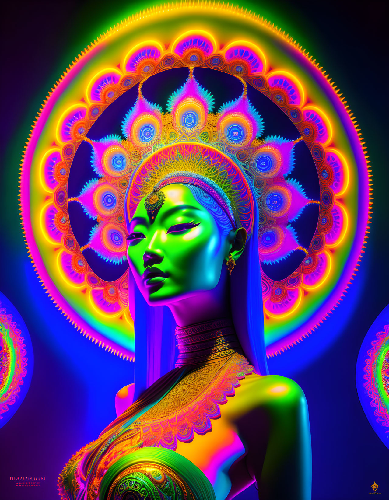 Digital artwork of woman with green skin and golden adornments