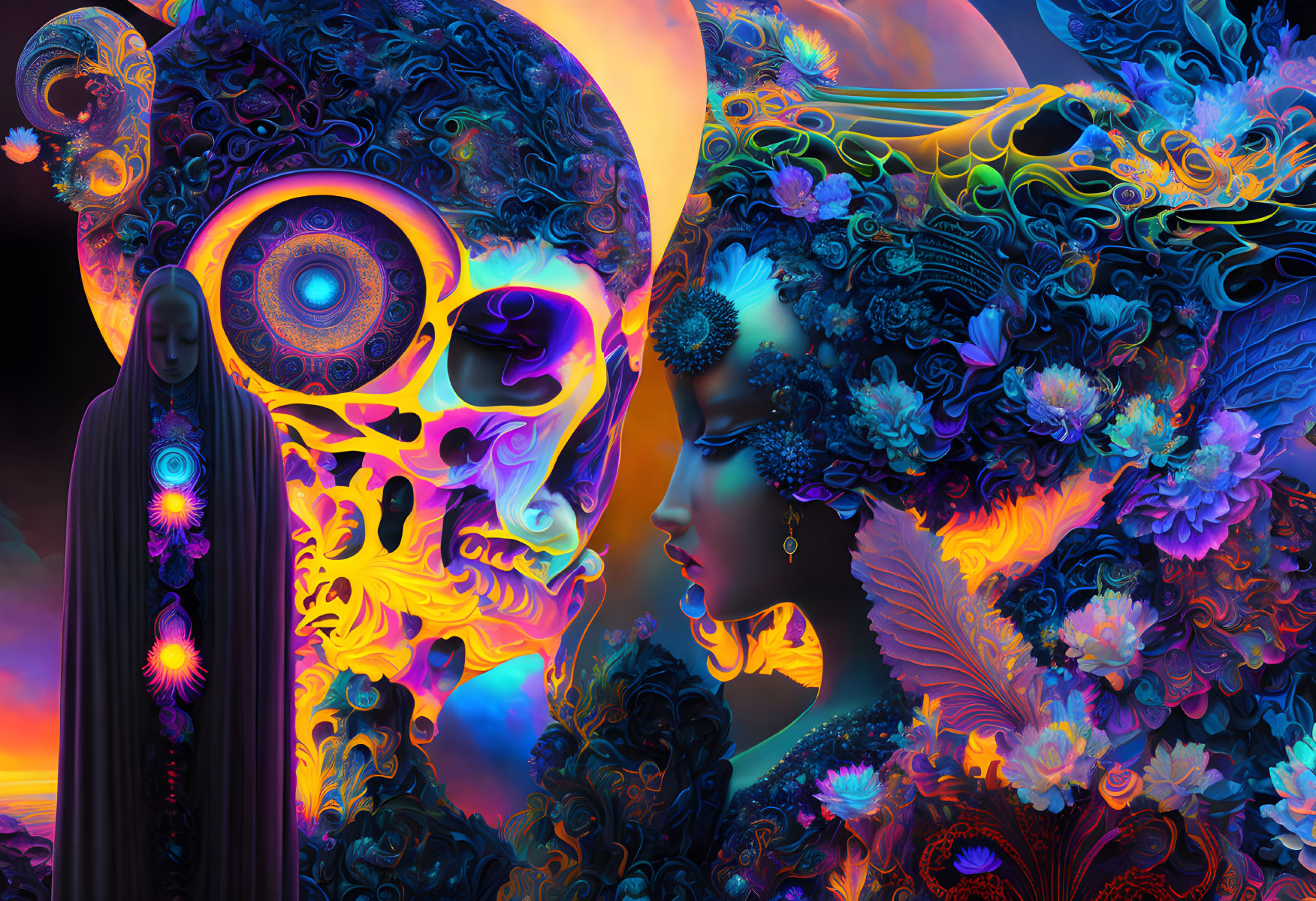 Abstract human forms with intricate patterns and vivid colors in digital artwork