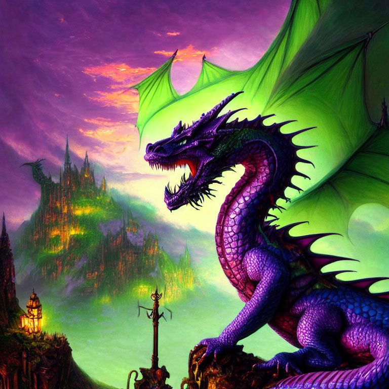 Majestic purple dragon with green wings in fantasy landscape