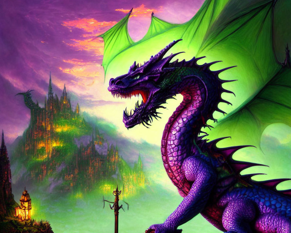 Majestic purple dragon with green wings in fantasy landscape