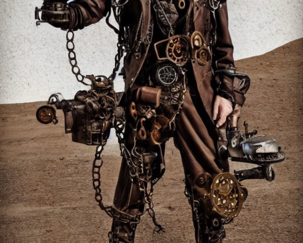 Steampunk-themed man adorned with gears and chains in barren landscape