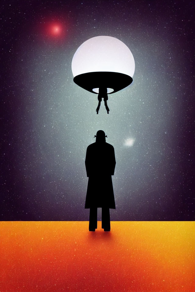 Silhouetted figure under starry sky watching UFO abduction