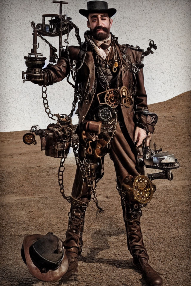 Steampunk-themed man adorned with gears and chains in barren landscape