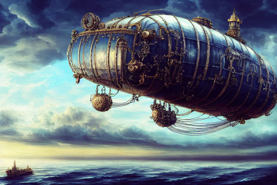 Steampunk-style airship with intricate metalwork above clouds at dusk.