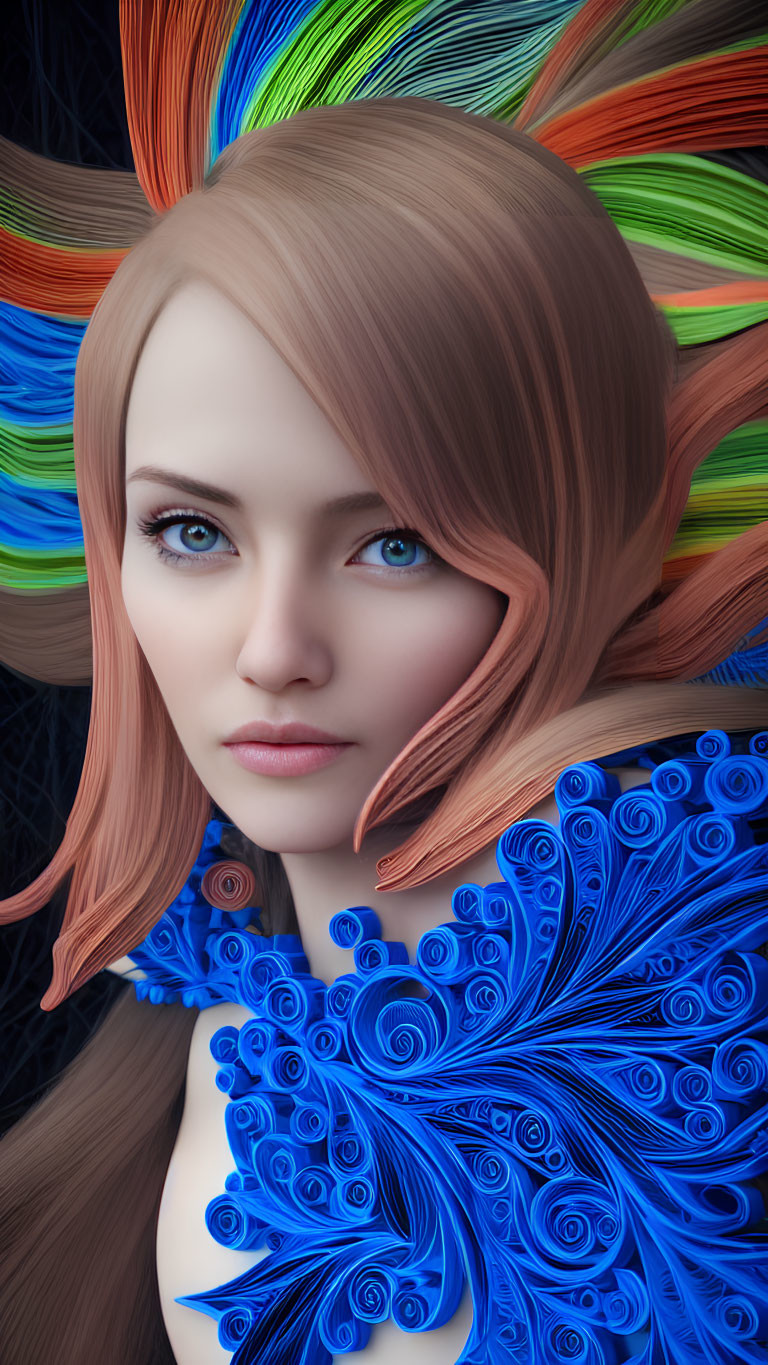 Digital artwork featuring a woman with blue eyes and colorful swirled hair