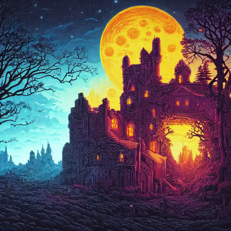 Gothic mansion under yellow moon in eerie landscape