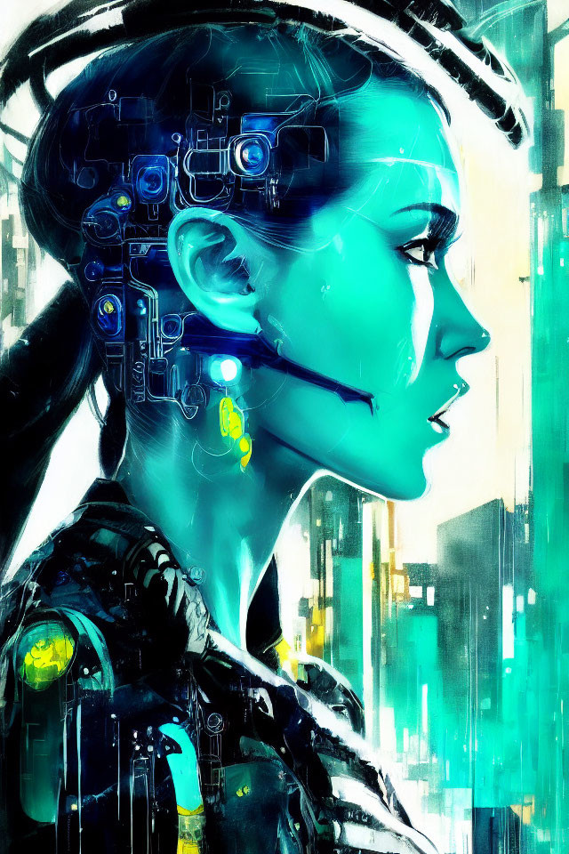 Profile View of Woman with Cybernetic Enhancements in Futuristic Cityscape