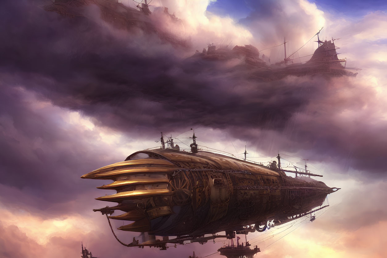 Fantasy sky with steampunk-style airships and intricate metalwork