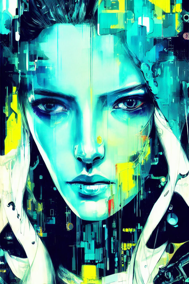 Symmetrical woman in abstract digital art with blue and yellow fusion