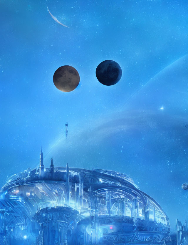 Futuristic cityscape under starry sky with two moons, distant planet, and comet in tranquil