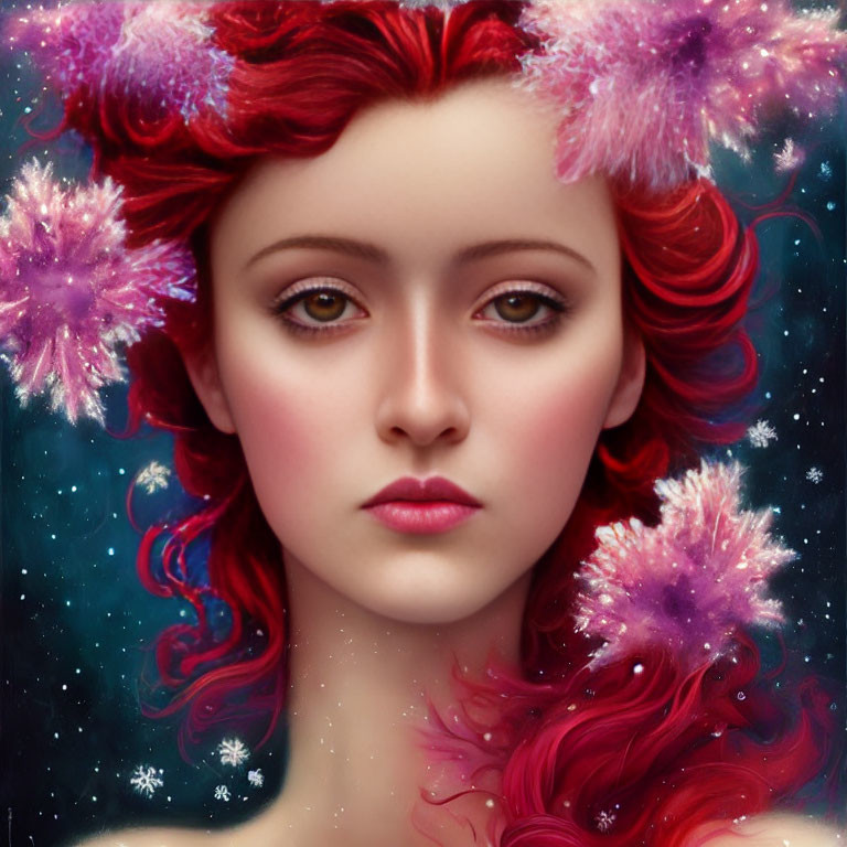 Vibrant red-haired woman with pink flowers against starry backdrop