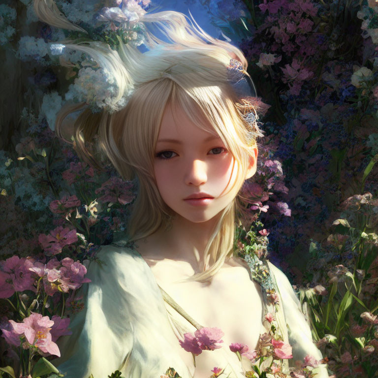 Ethereal girl with expressive eyes and delicate flowers in soft sunlight