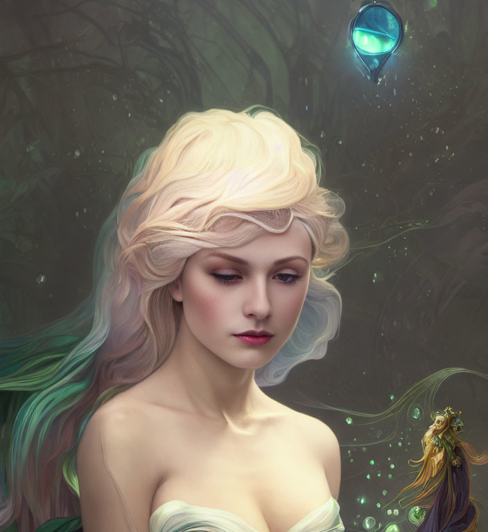 Fantastical portrait of a woman with blonde hair and mystical forest backdrop