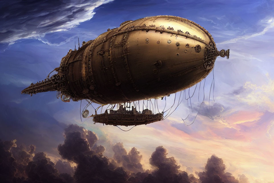 Steampunk-style airship illustration in dramatic sunset sky