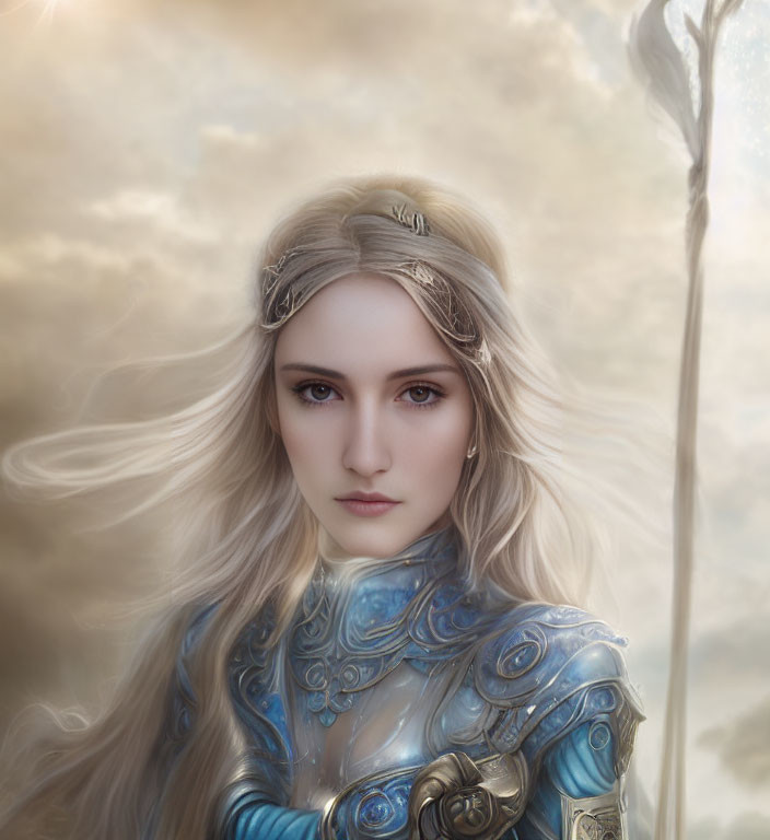 Fantasy female warrior in blue armor with spear on cloudy background