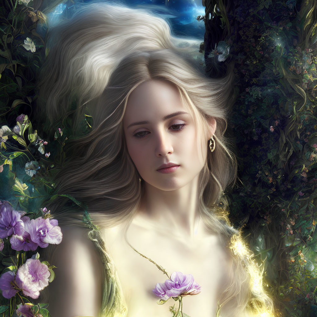 Fantasy portrait of woman with flowing hair in lush greenery