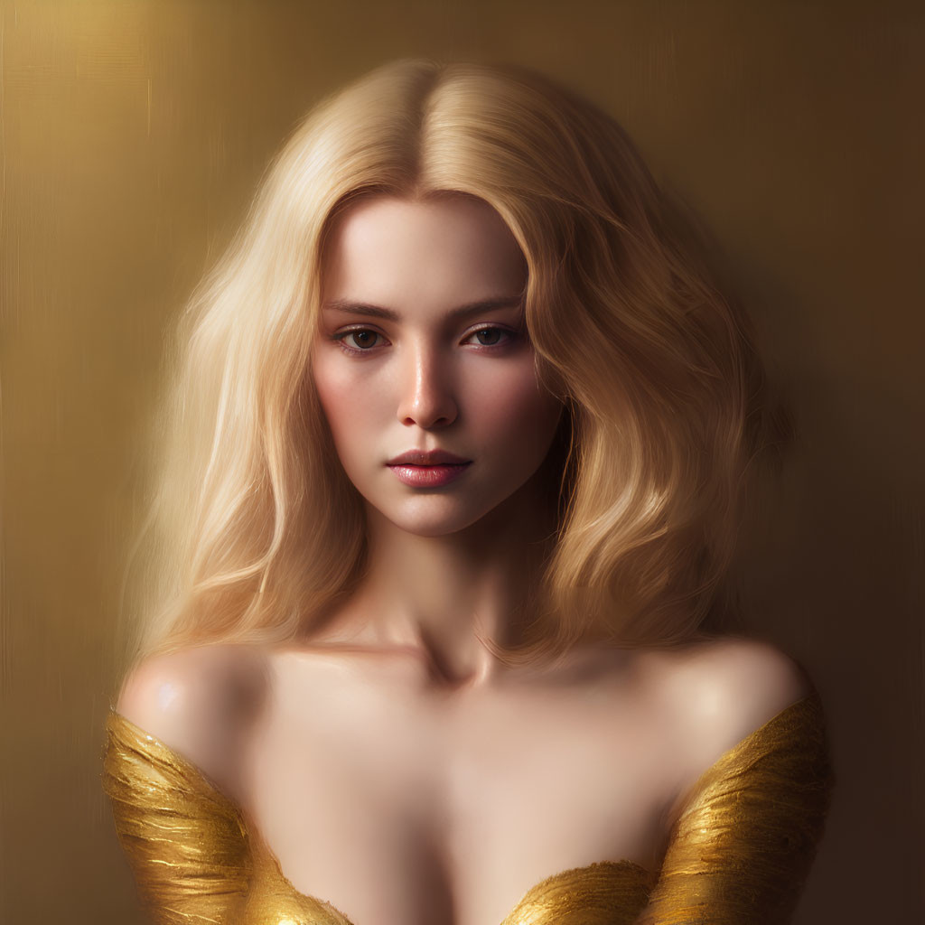 Blonde Woman Portrait in Gold Dress on Warm Background